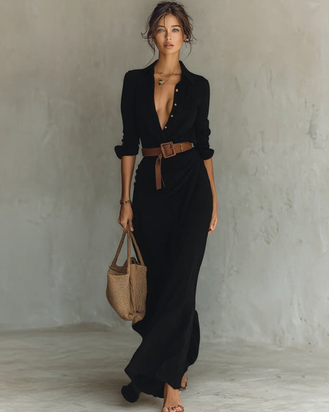 Abito Donna Camicia — Vestito Lungo con Cintura in Pelle
