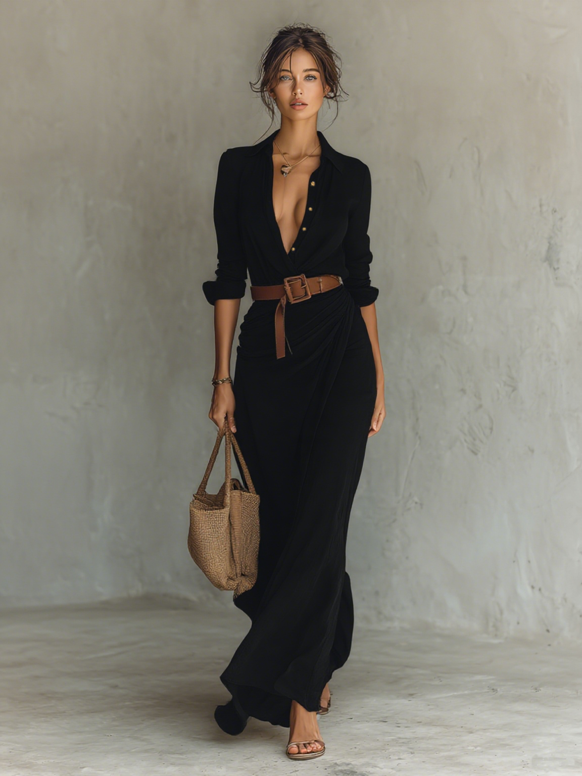 Imogen | Abito Maxi Camicia con Cintura e Scollo Incrociato