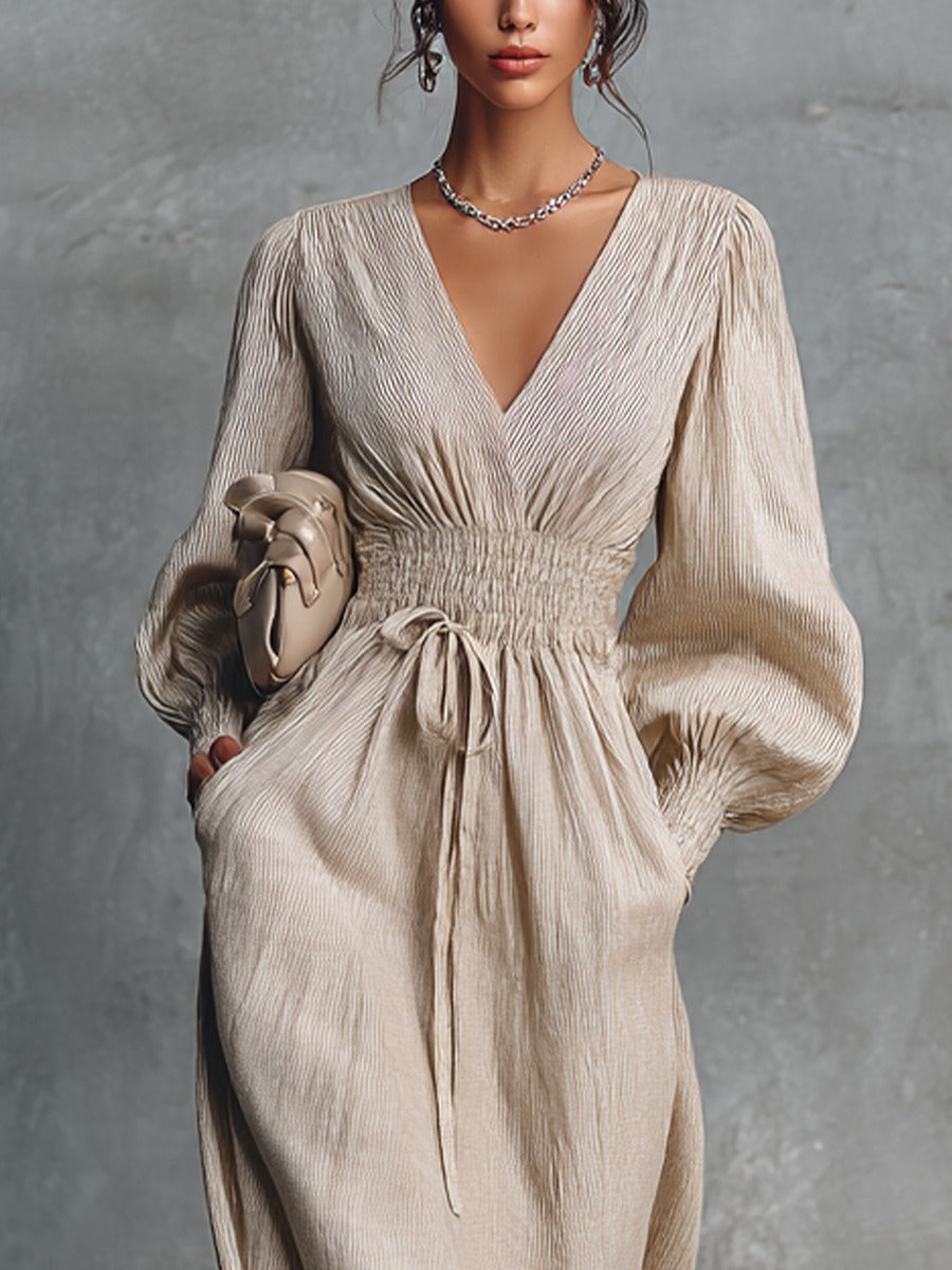 Abito lungo a righe beige in cotone e lino