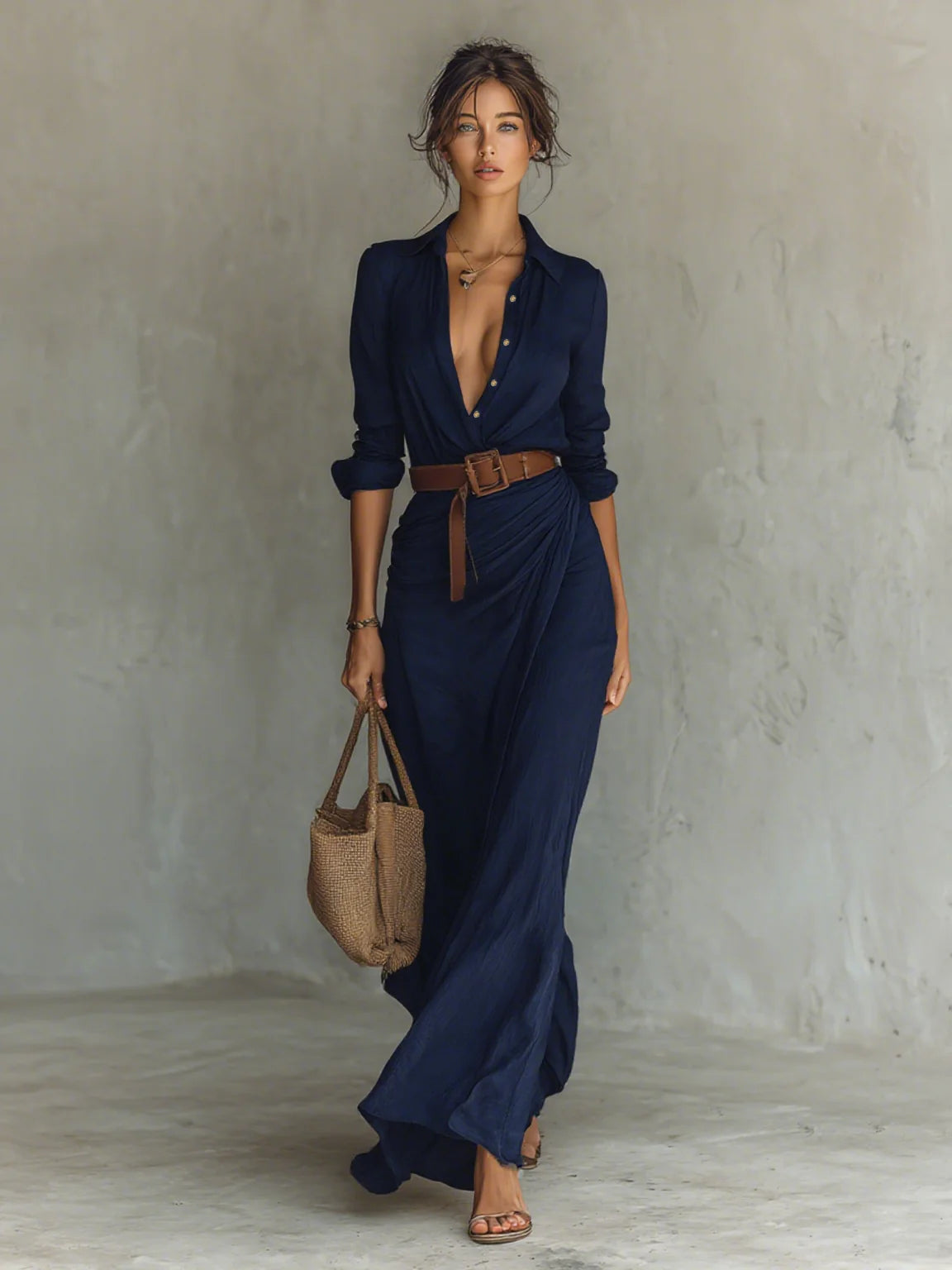 Abito Donna Camicia — Vestito Lungo con Cintura in Pelle