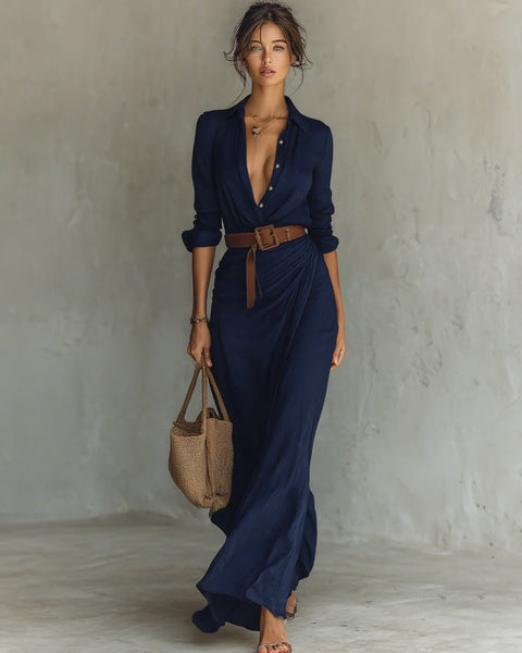 Abito Donna Camicia — Vestito Lungo con Cintura in Pelle