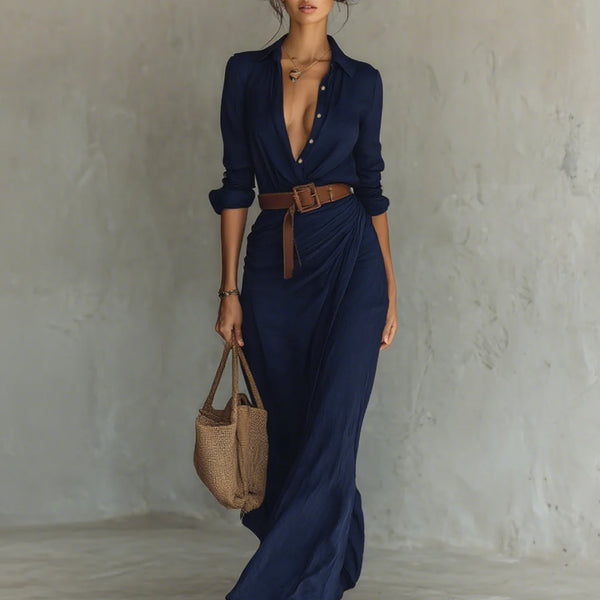 Abito Donna Camicia — Vestito Lungo con Cintura in Pelle