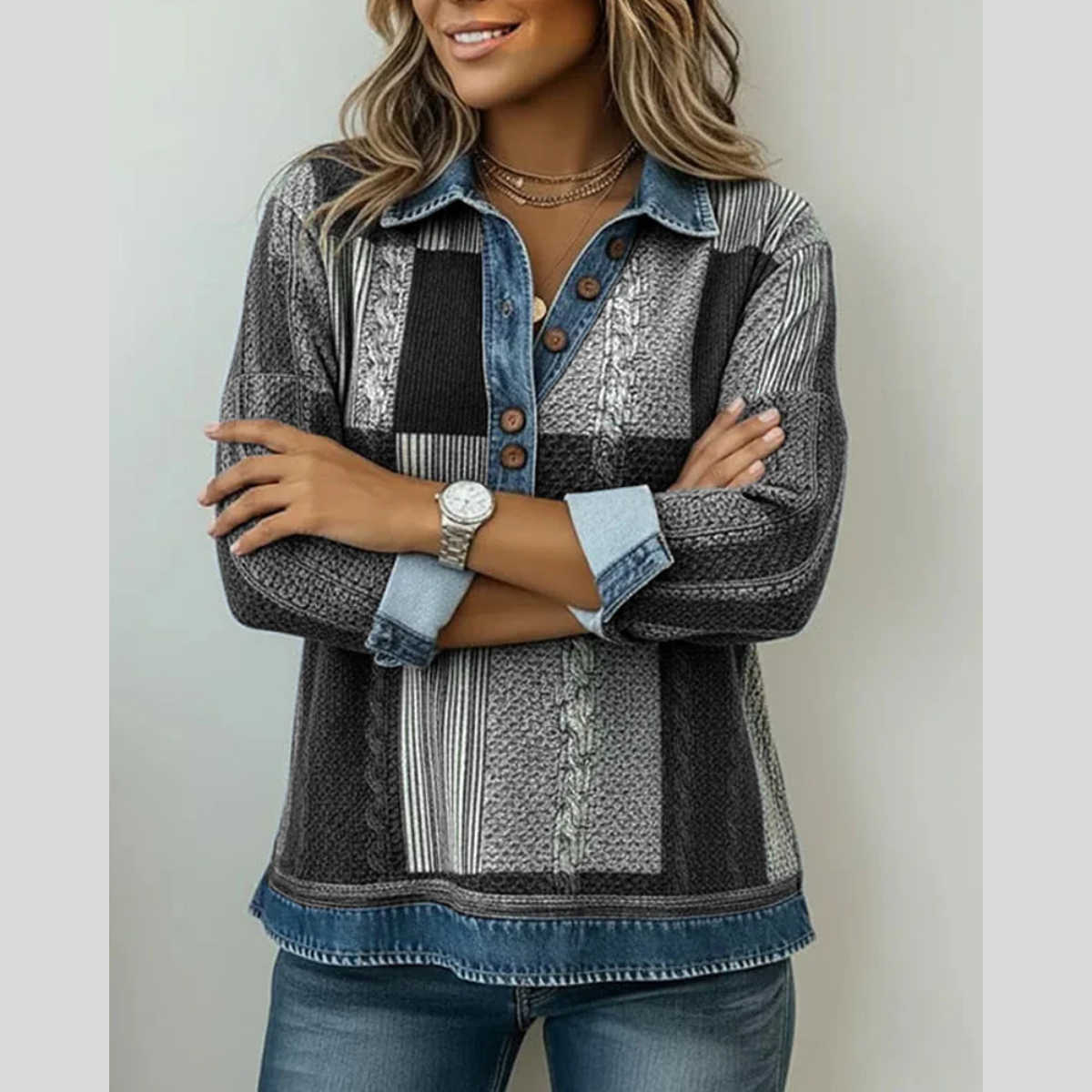 Maglione da donna Sylvie in stile patchwork effetto denim