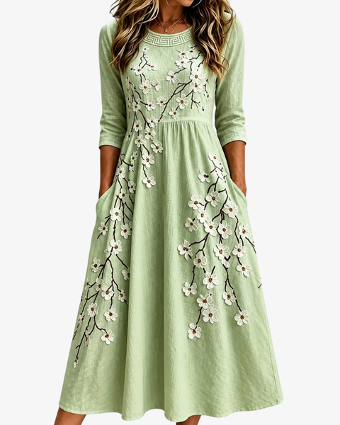 Sage Blossom Garden Pocket Midi Dress