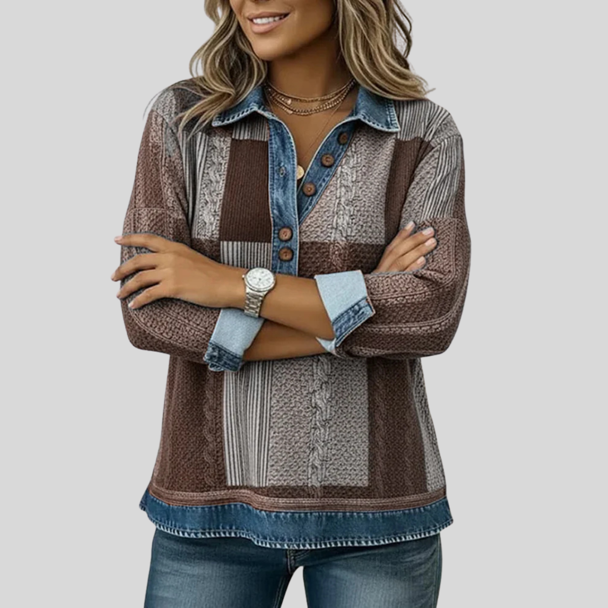 Maglione da donna Sylvie in stile patchwork effetto denim