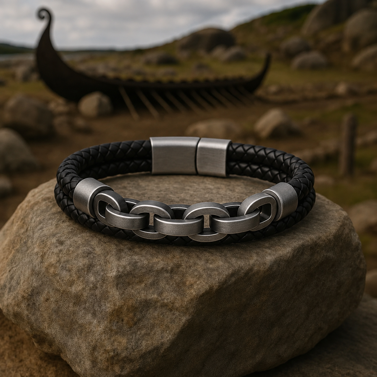 Catene di Fenrir – Bracciale vichingo in pelle e acciaio – immagine 3