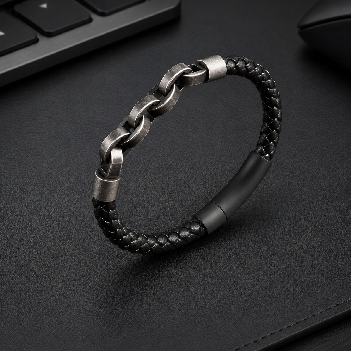 Catena Nordica – Bracciale in pelle e acciaio – immagine 3