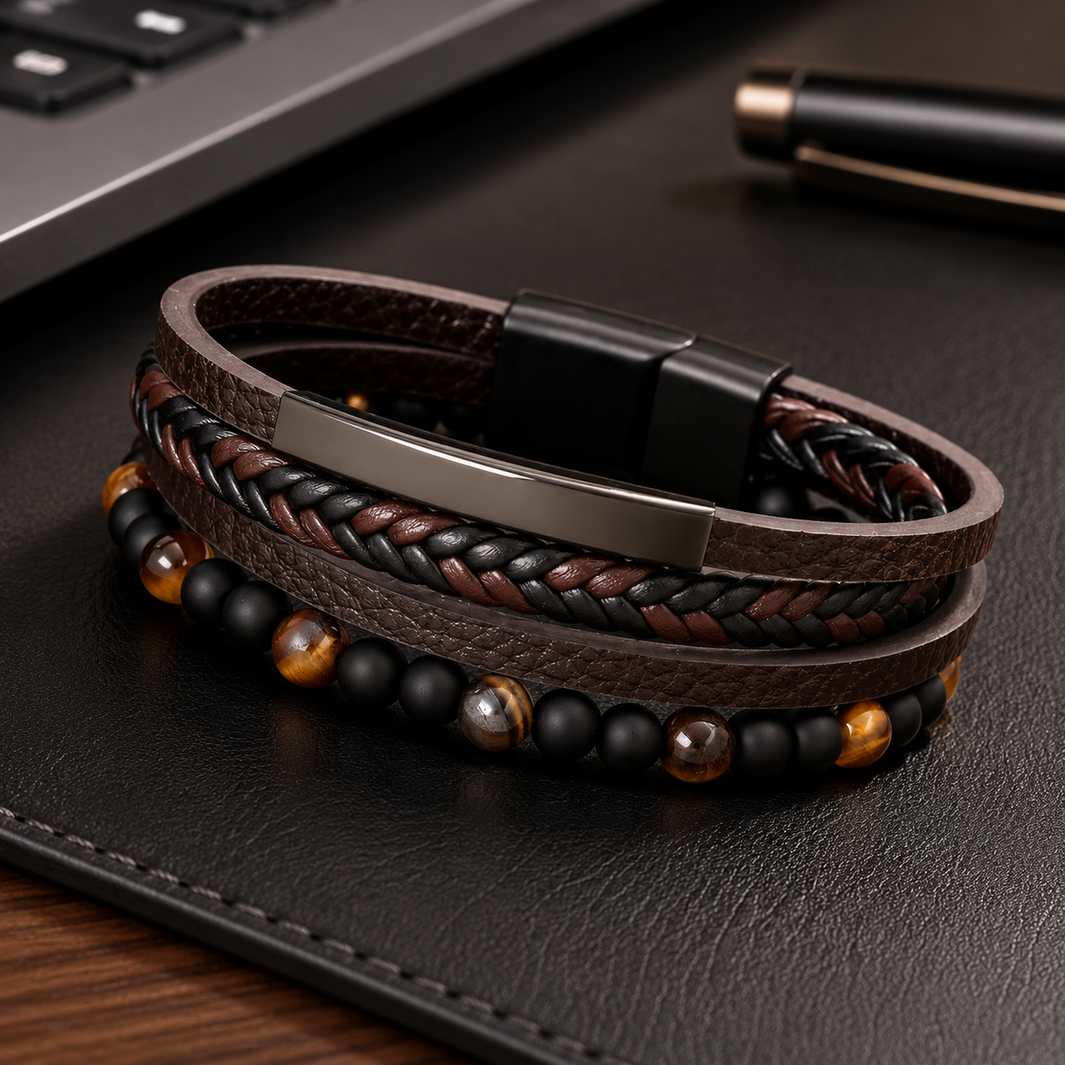 Blackstone Creed – Bracciale in pelle e pietre naturali – immagine 7