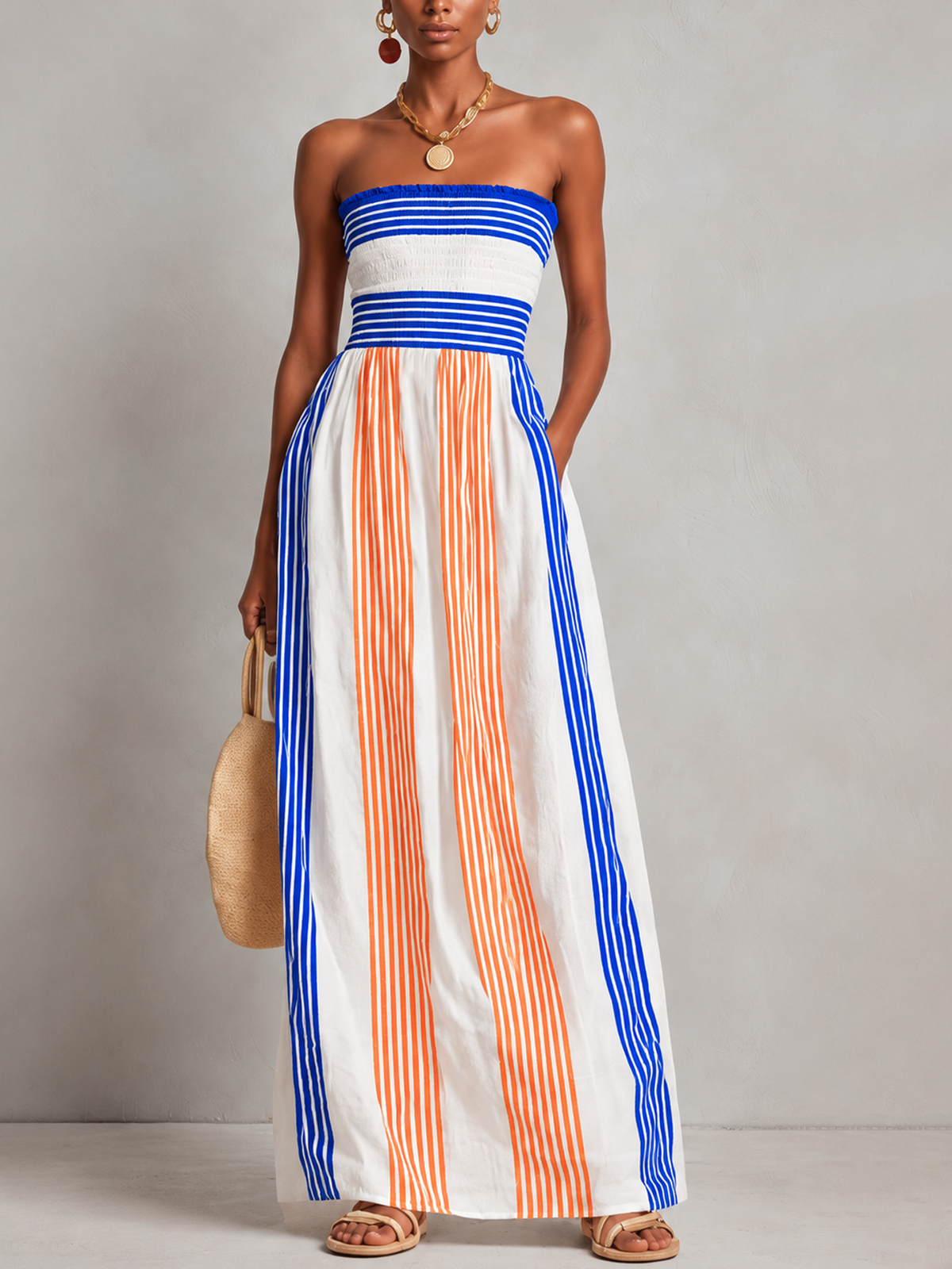 Abito Maxi Senza Spalline a Righe Rosse e Blu