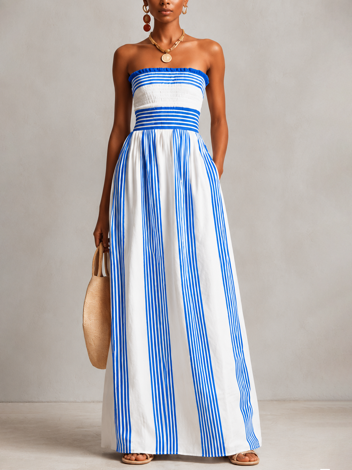 Abito Maxi Senza Spalline a Righe Rosse e Blu