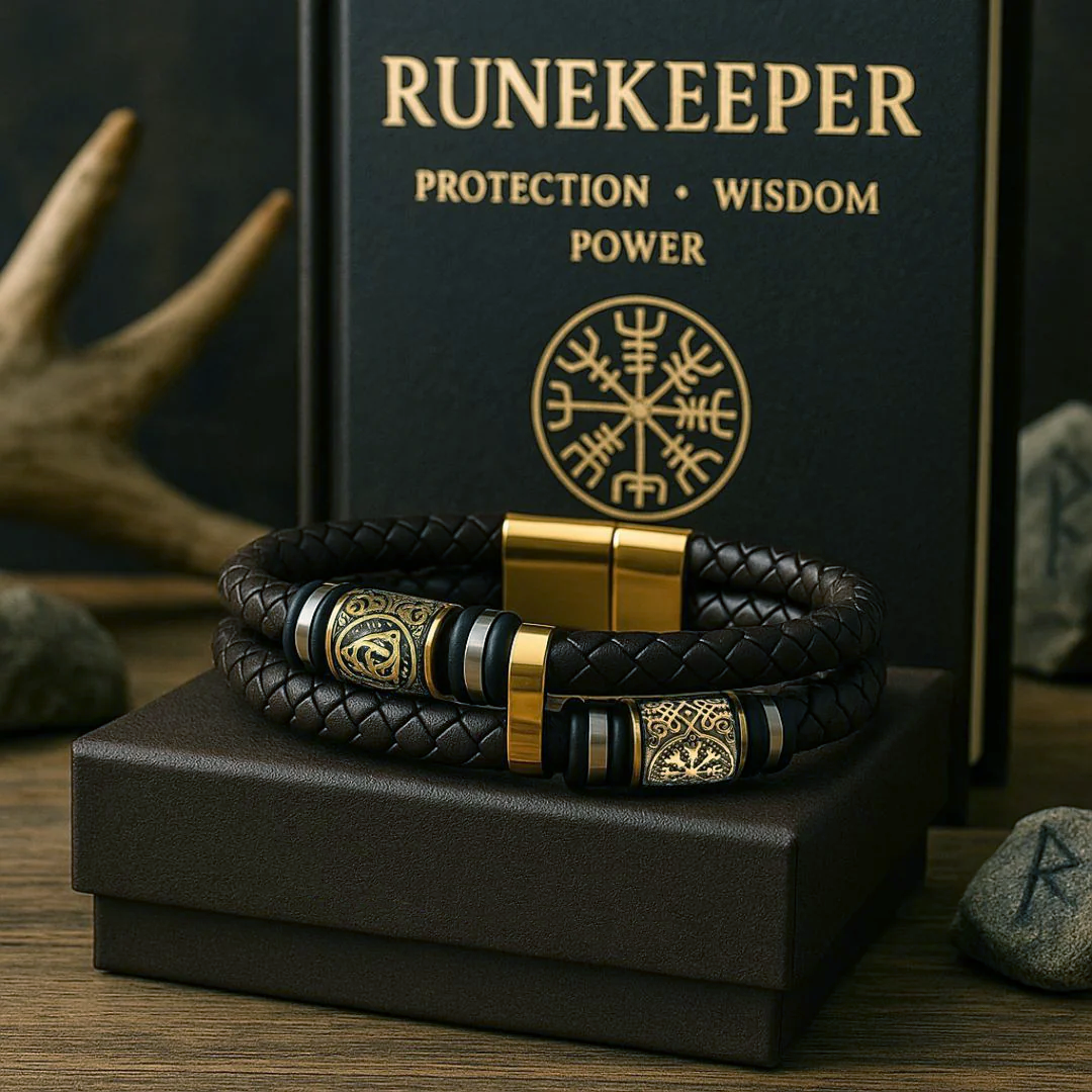 Custode delle Rune – Bracciale in pelle con dettagli dorati – immagine 8