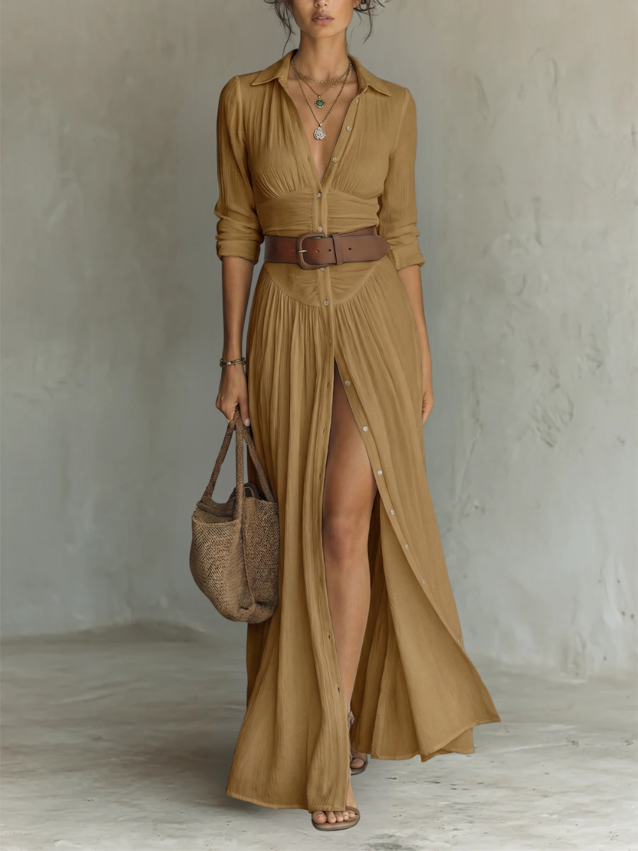 Theodora | Abito Maxi Camicia con Cintura e Bottoni