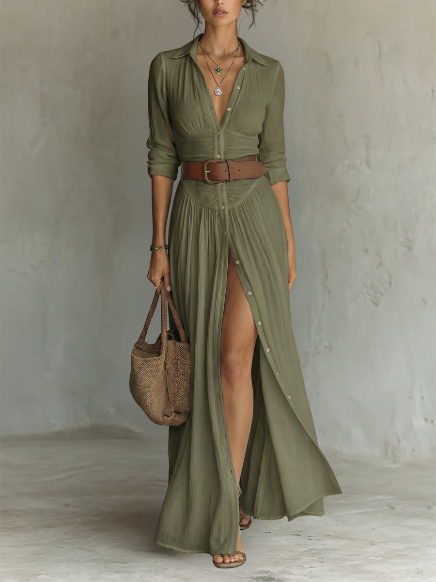 Theodora | Abito Maxi Camicia con Cintura e Bottoni