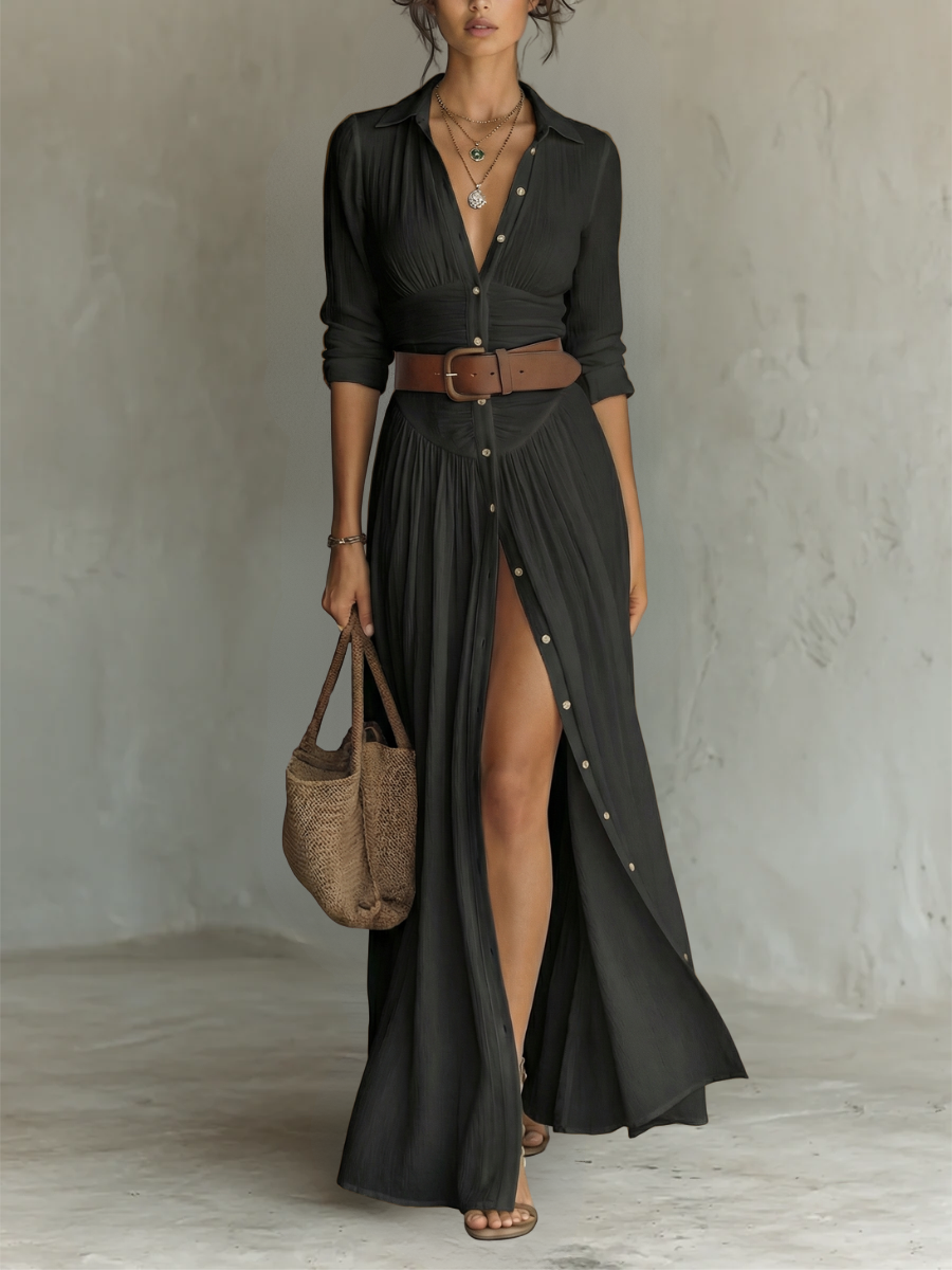 Theodora | Abito Maxi Camicia con Cintura e Bottoni