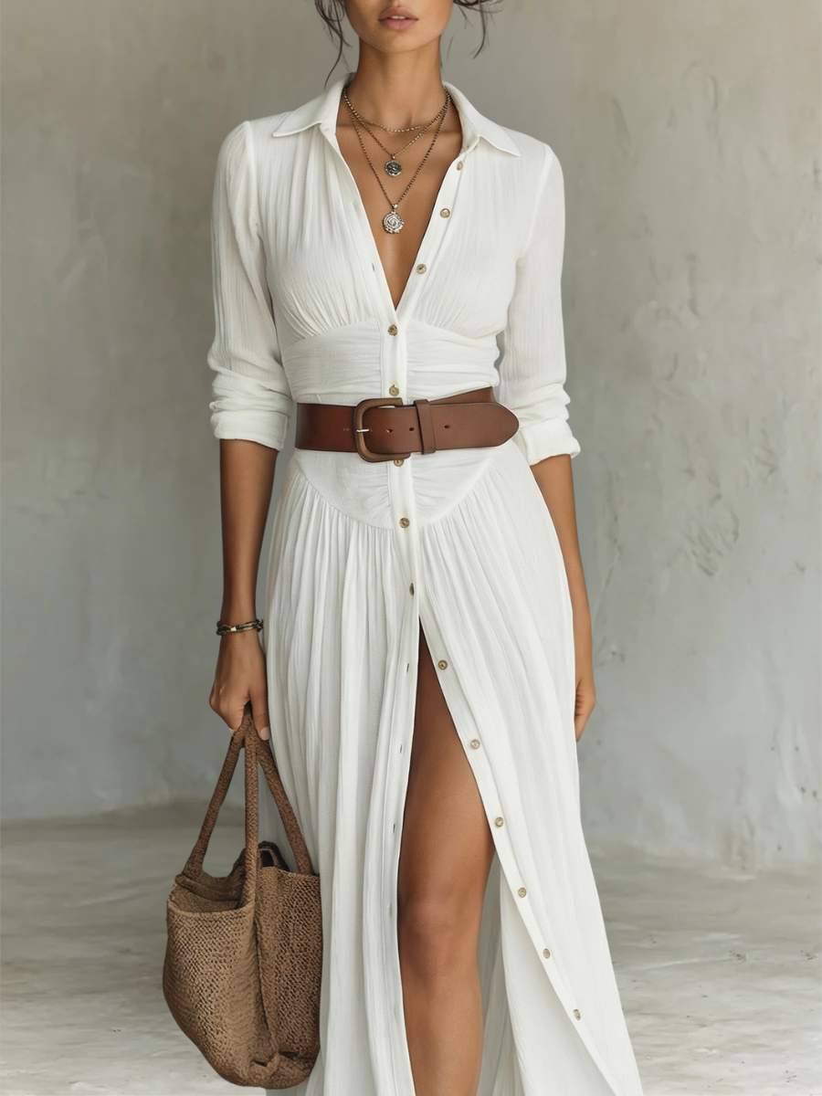 Theodora | Abito Maxi Camicia con Cintura e Bottoni