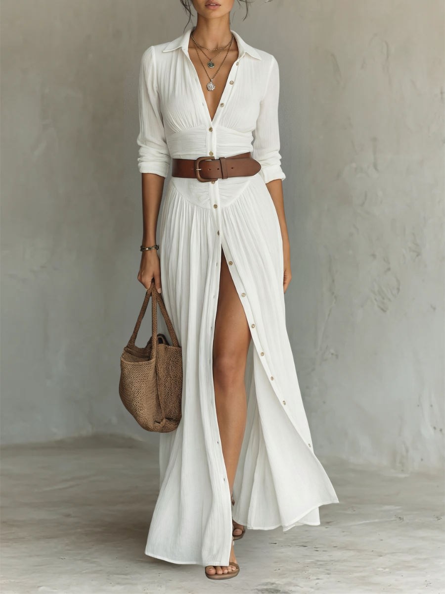 Theodora | Abito Maxi Camicia con Cintura e Bottoni