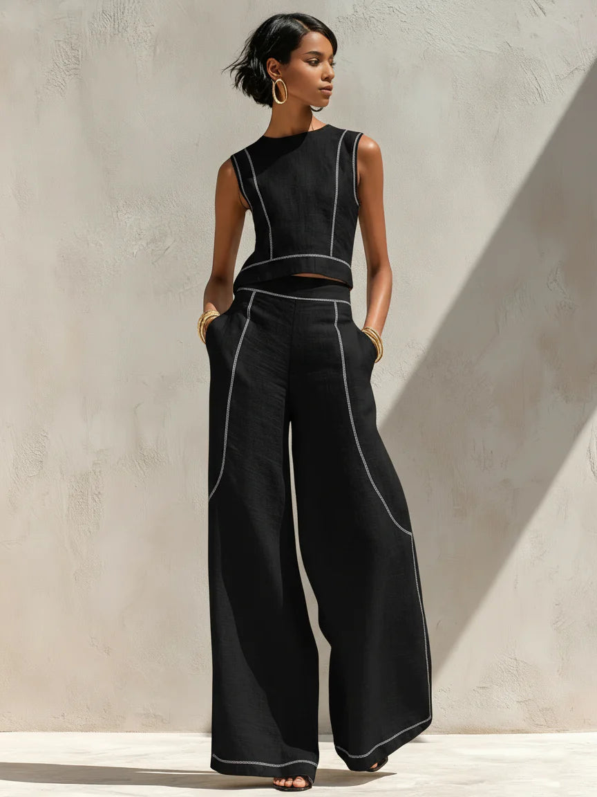 Vela — Completo Top e Pantalone Palazzo con Cuciture a Contrasto