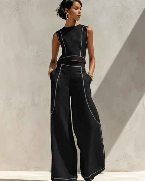 Vela — Completo Top e Pantalone Palazzo con Cuciture a Contrasto