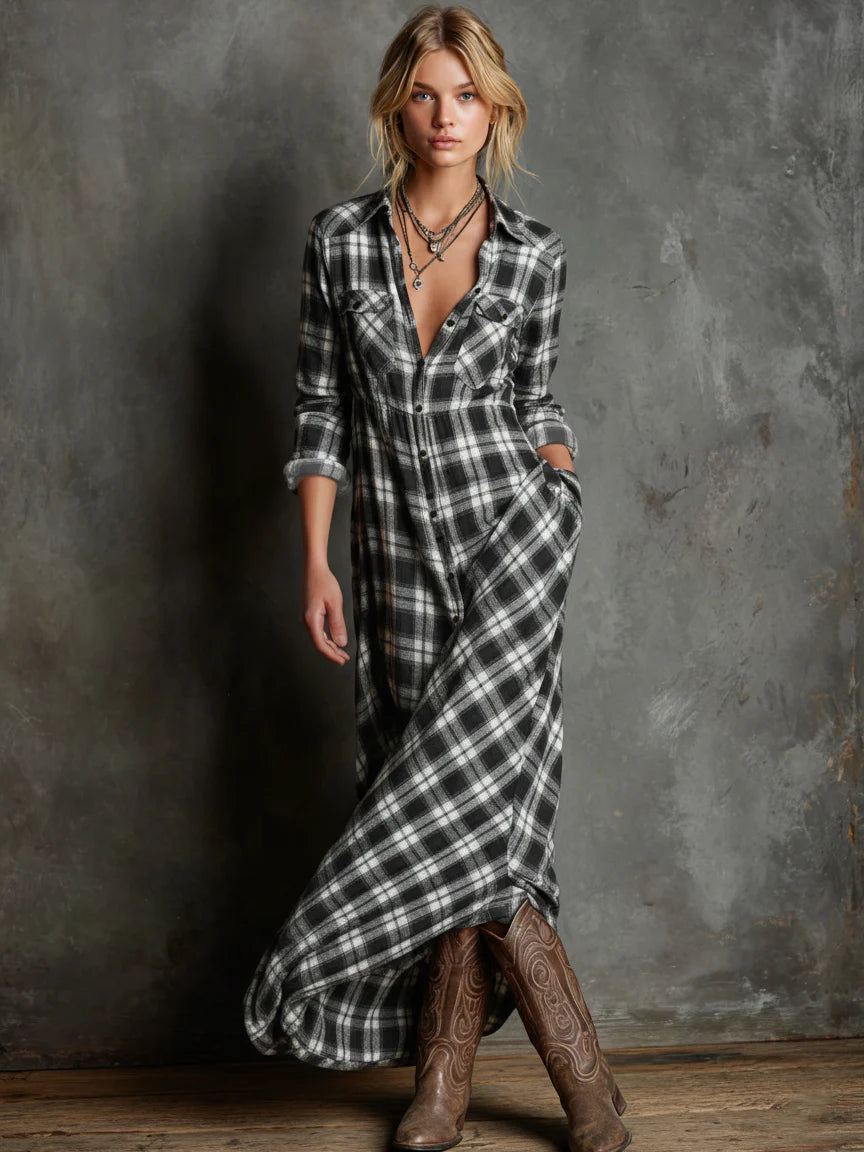 Abito lungo a camicia a quadri