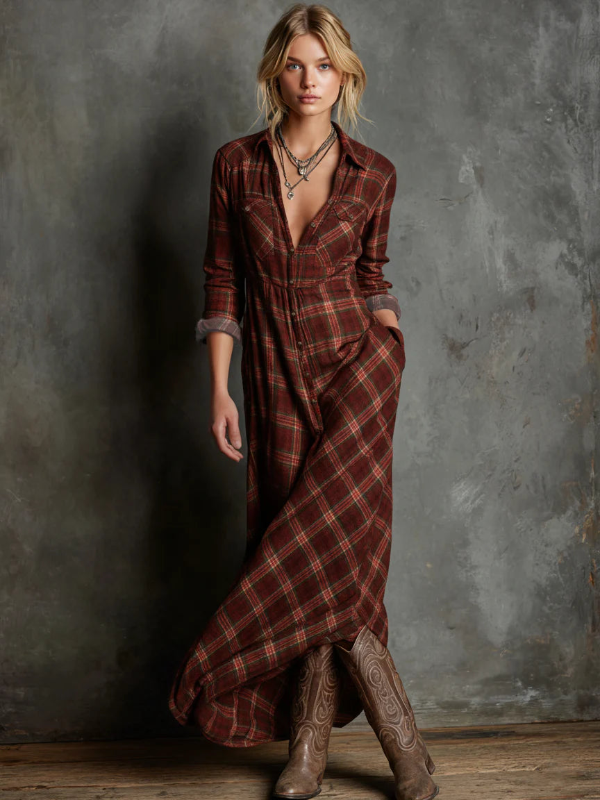 Abito lungo a camicia a quadri