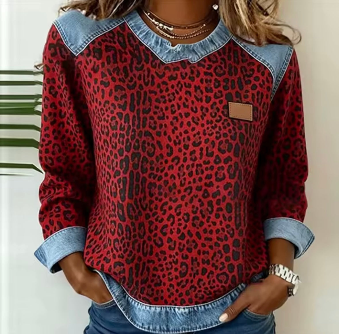 Antonella™ | Maglione con Stampa Leopardo e Collo in Denim