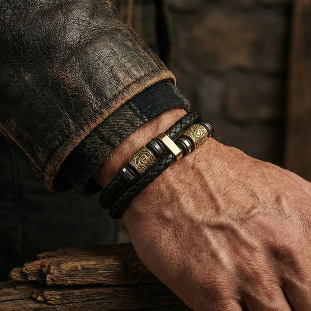 Custode delle Rune – Bracciale in pelle con dettagli dorati – immagine 2