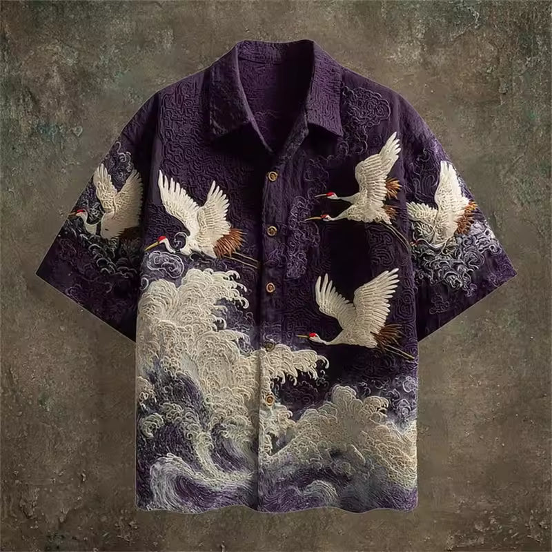 Aurelio — Camicia Estiva con Motivo Gru in Rilievo