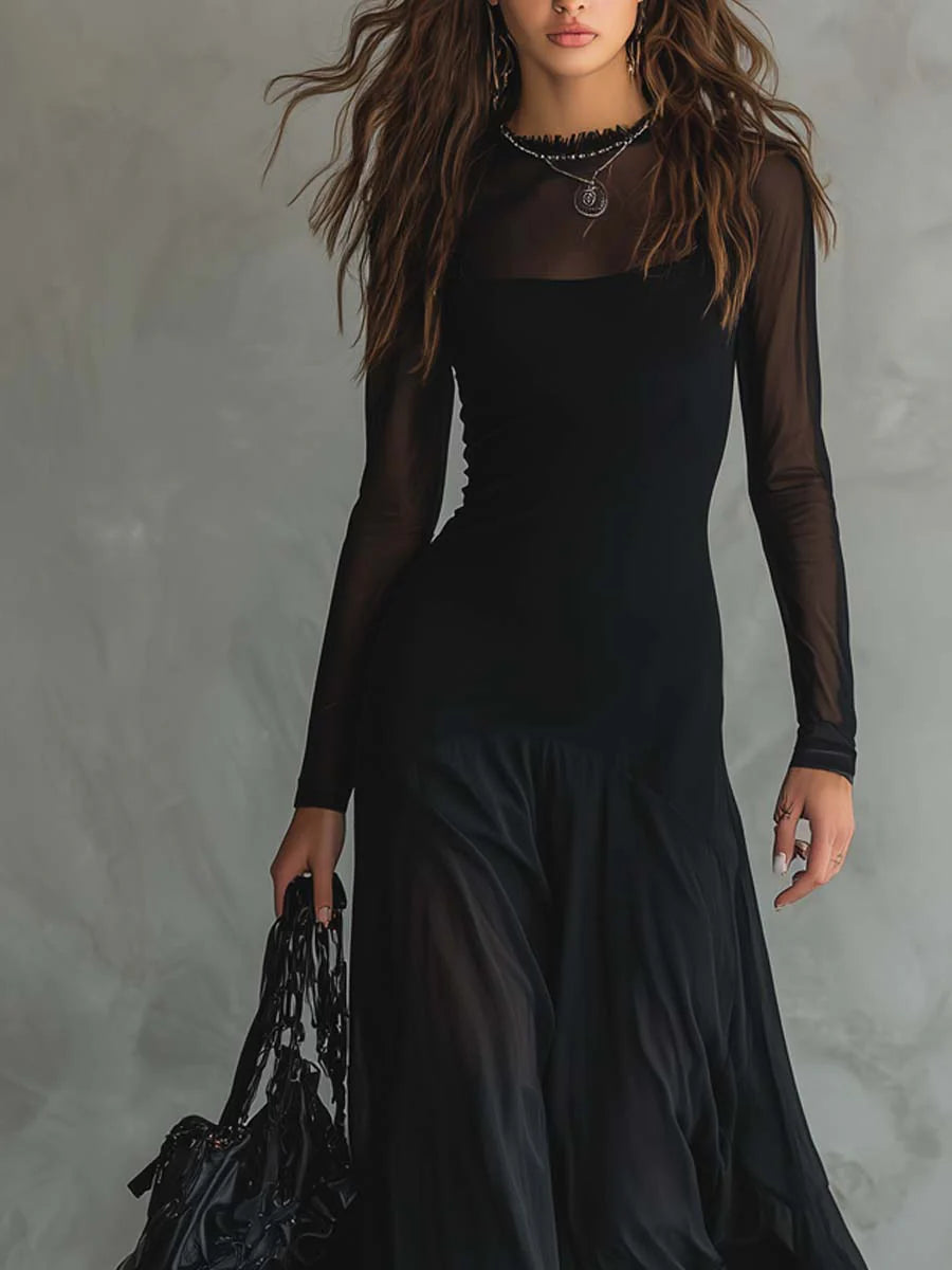 Notte — Abito Lungo in Mesh con Gonna Fluida Asimmetrica