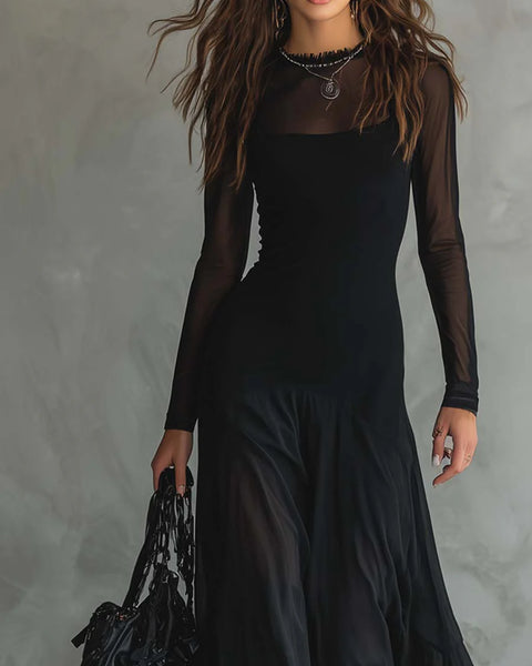 Notte — Abito Lungo in Mesh con Gonna Fluida Asimmetrica