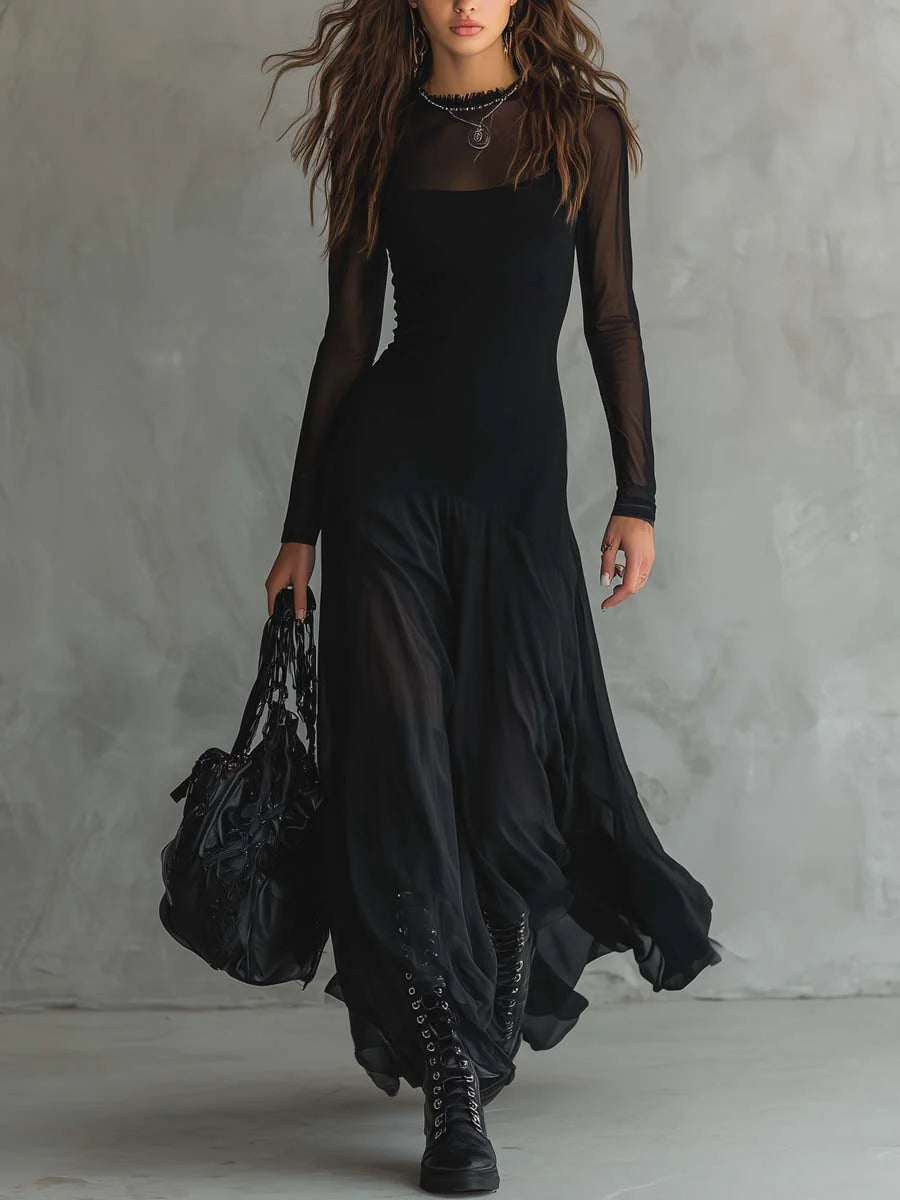 Notte — Abito Lungo in Mesh con Gonna Fluida Asimmetrica