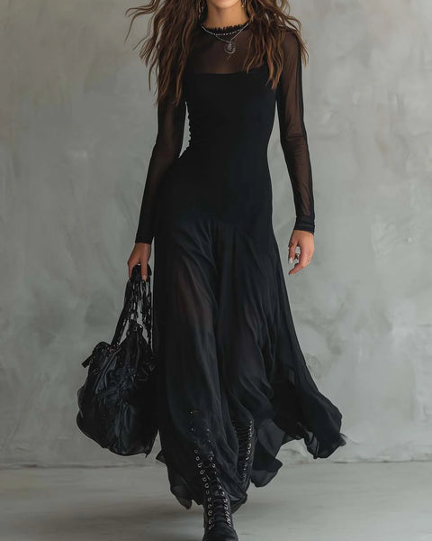 Notte — Abito Lungo in Mesh con Gonna Fluida Asimmetrica
