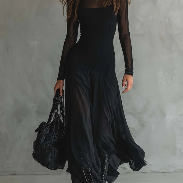Notte — Abito Lungo in Mesh con Gonna Fluida Asimmetrica