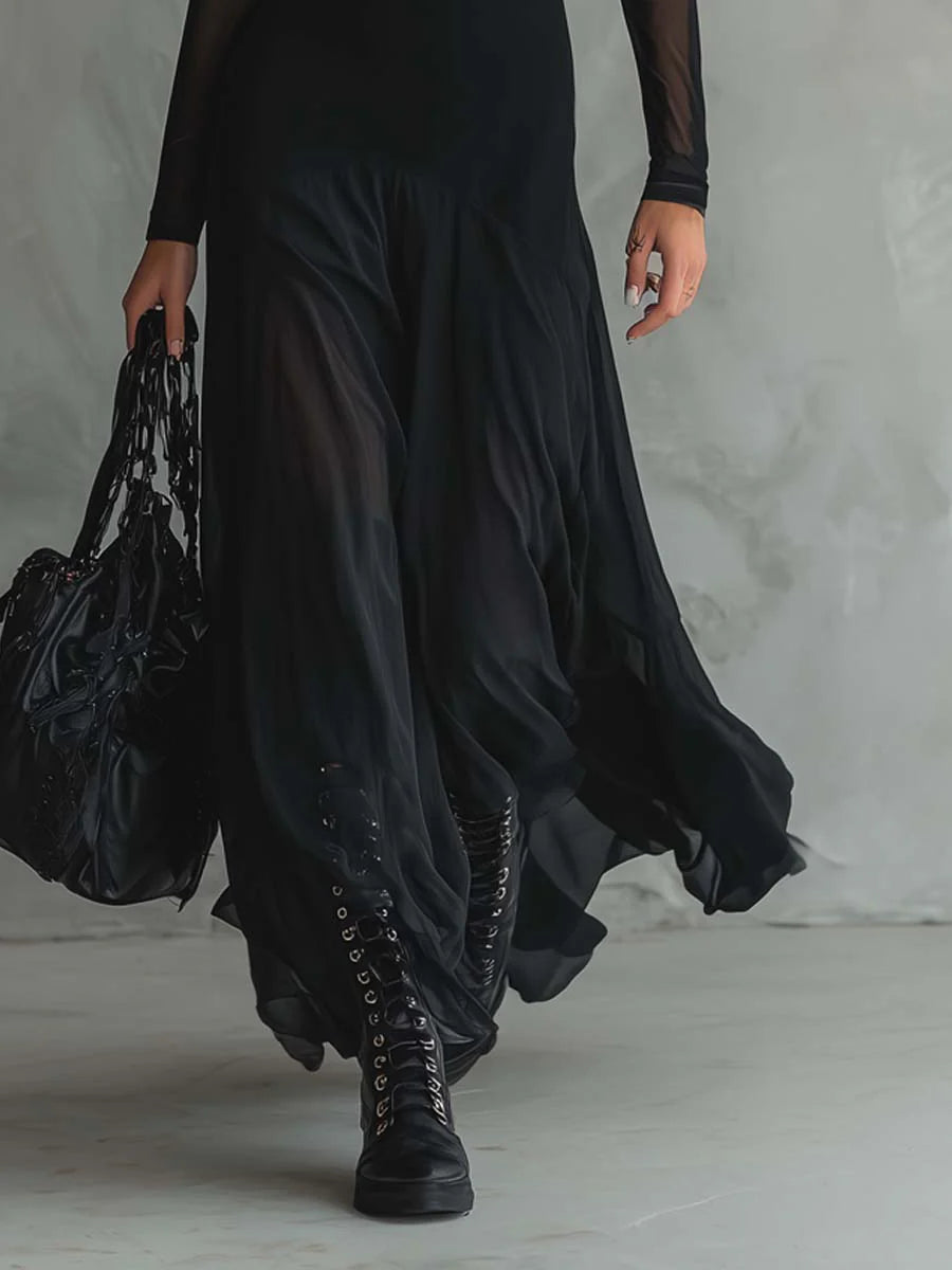 Notte — Abito Lungo in Mesh con Gonna Fluida Asimmetrica