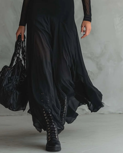 Notte — Abito Lungo in Mesh con Gonna Fluida Asimmetrica