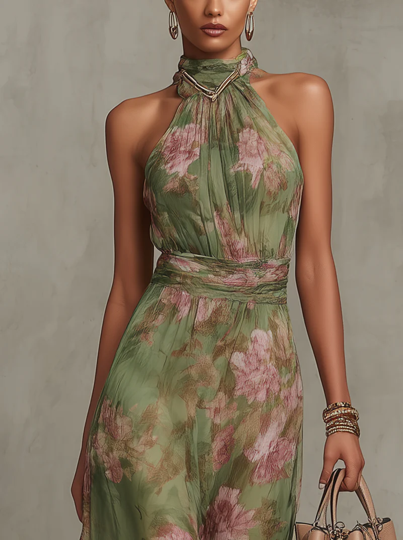 Marianne | Abito Maxi in Chiffon Floreale con Scollo All'Americana