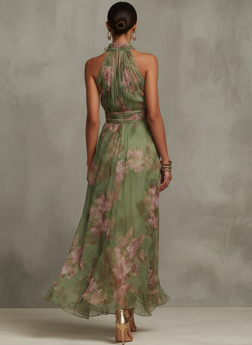 Marianne | Abito Maxi in Chiffon Floreale con Scollo All'Americana
