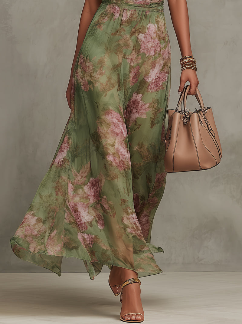 Marianne | Abito Maxi in Chiffon Floreale con Scollo All'Americana