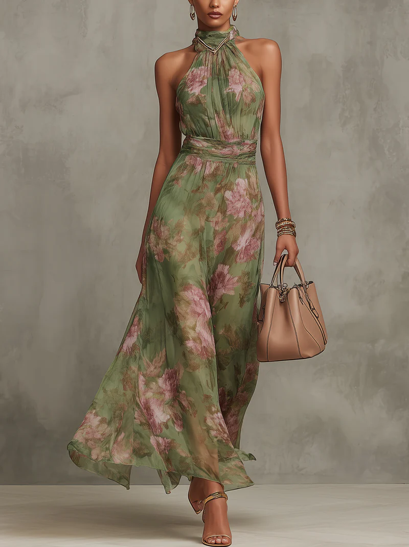 Marianne | Abito Maxi in Chiffon Floreale con Scollo All'Americana
