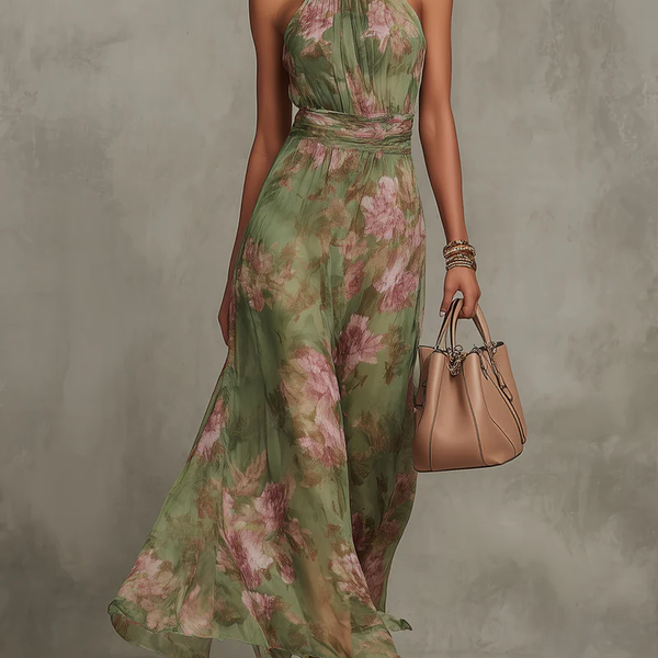 Marianne | Abito Maxi in Chiffon Floreale con Scollo All'Americana