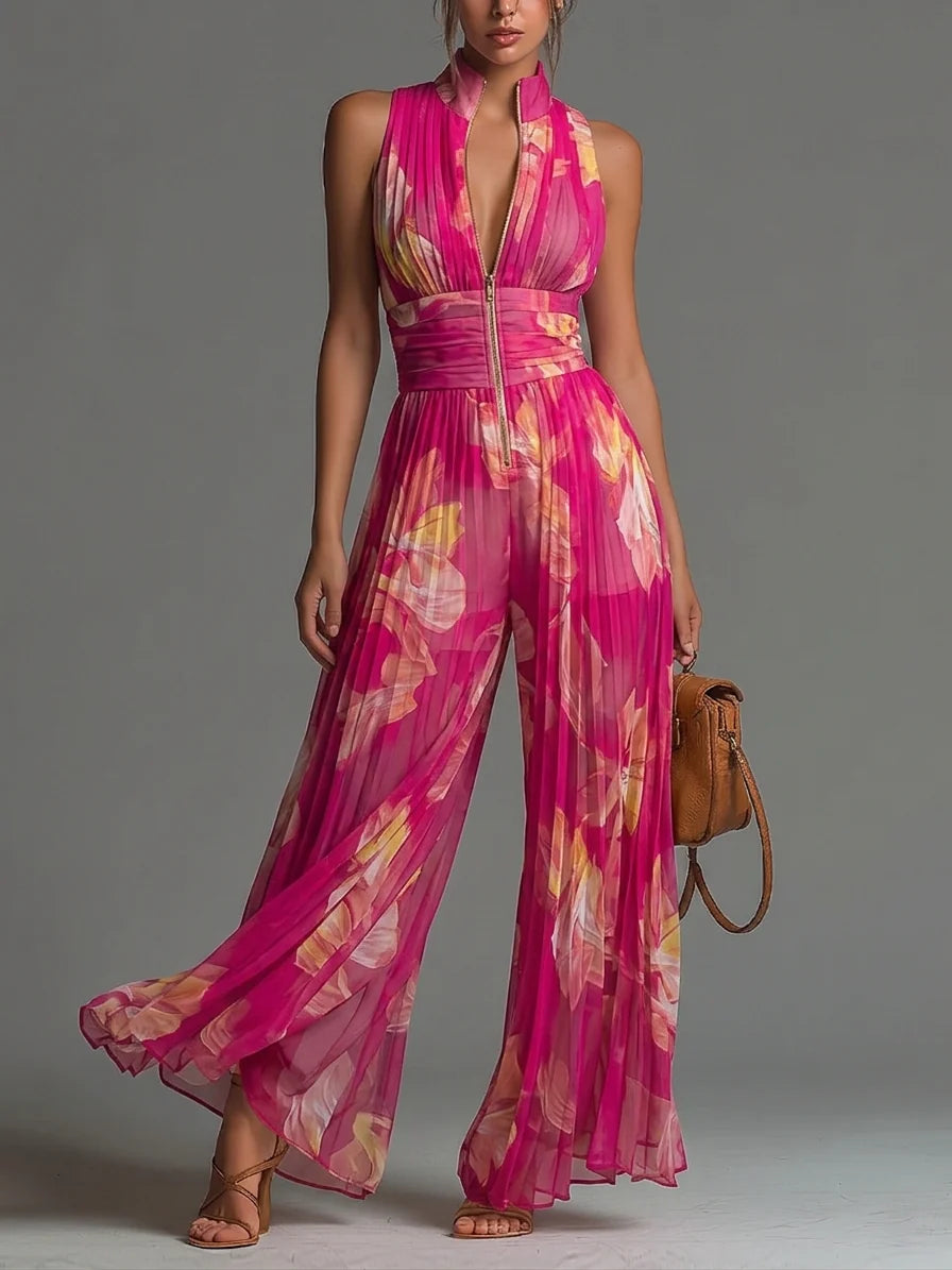 Fiamma — Tuta Intera in Chiffon Plissettato con Stampa Floreale