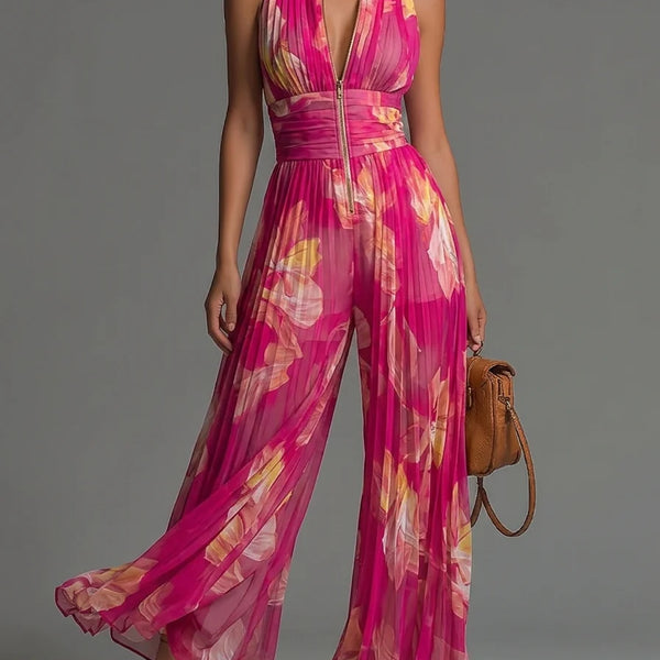 Fiamma — Tuta Intera in Chiffon Plissettato con Stampa Floreale