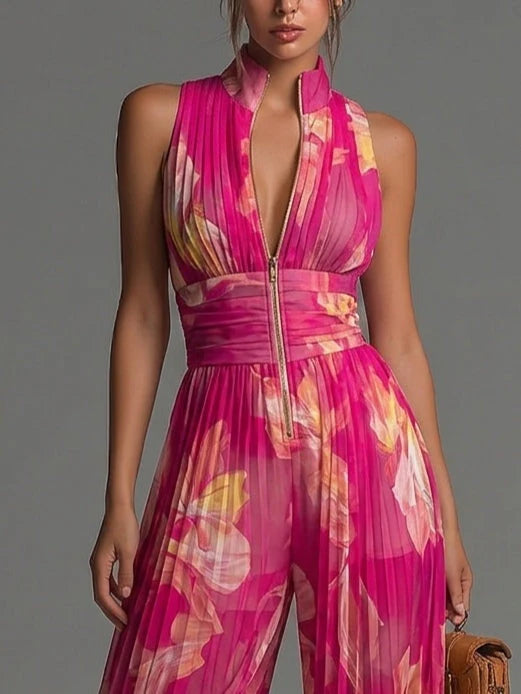 Fiamma — Tuta Intera in Chiffon Plissettato con Stampa Floreale