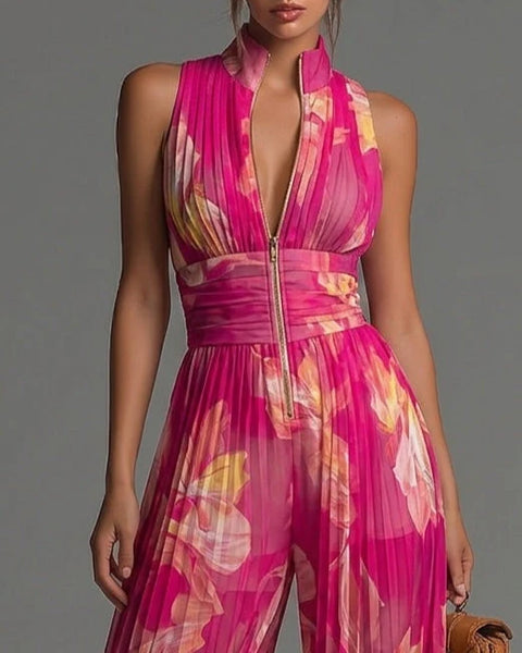 Fiamma — Tuta Intera in Chiffon Plissettato con Stampa Floreale