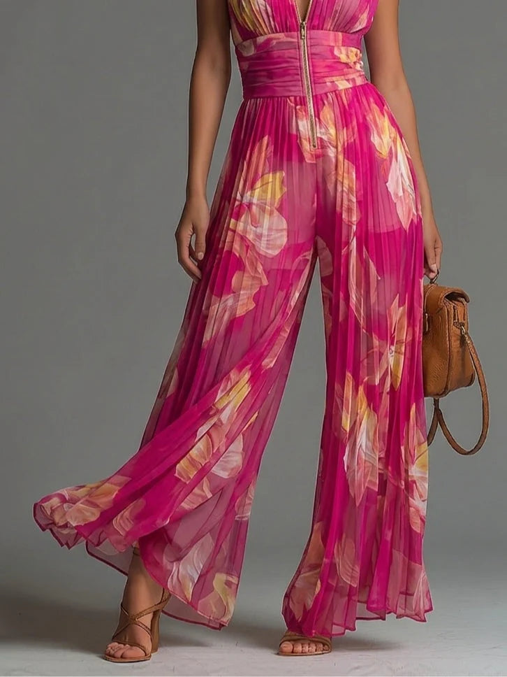 Fiamma — Tuta Intera in Chiffon Plissettato con Stampa Floreale