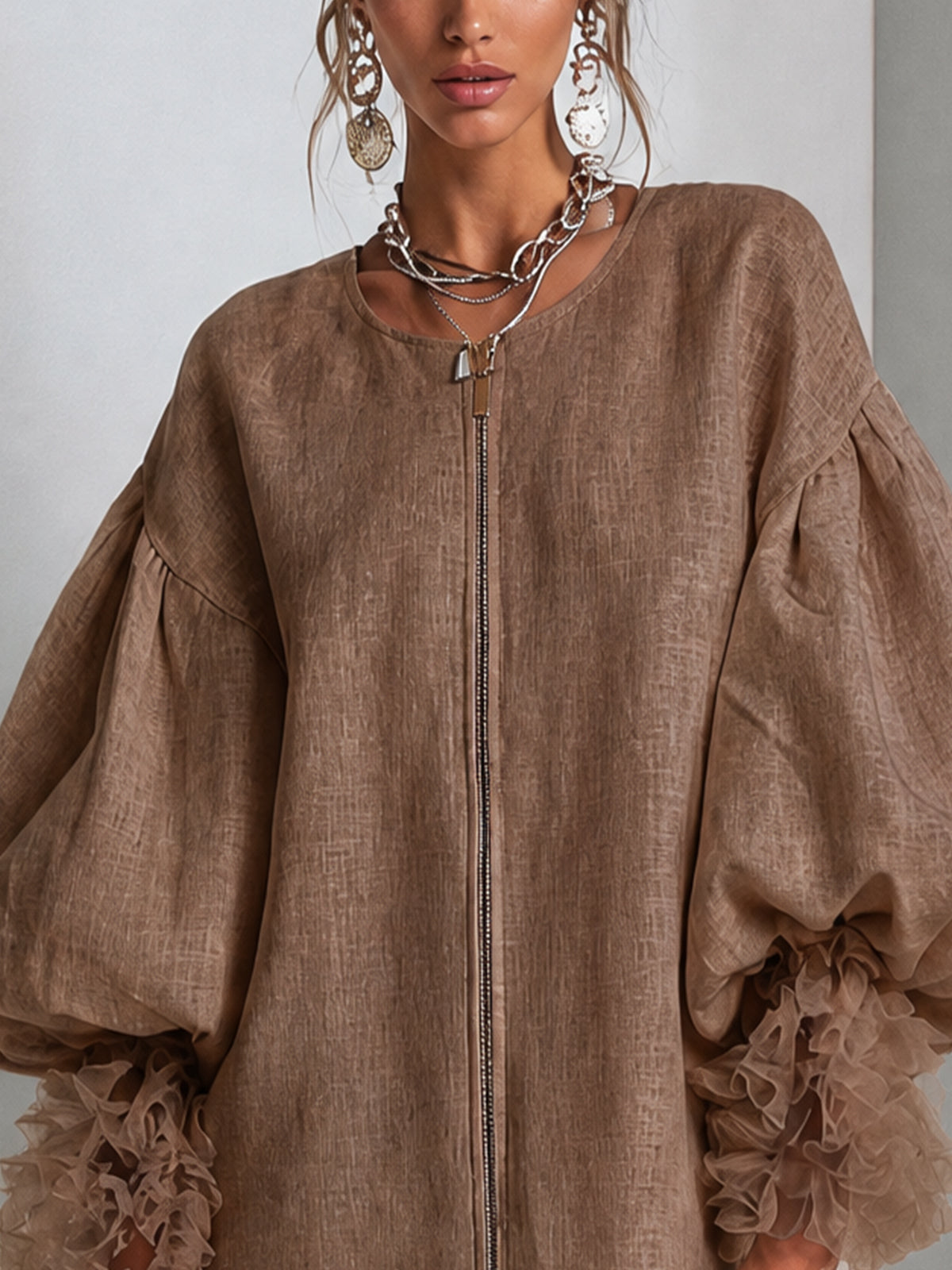 Rebecca | Abito Mini con Maniche a Palloncino e Zip Frontale