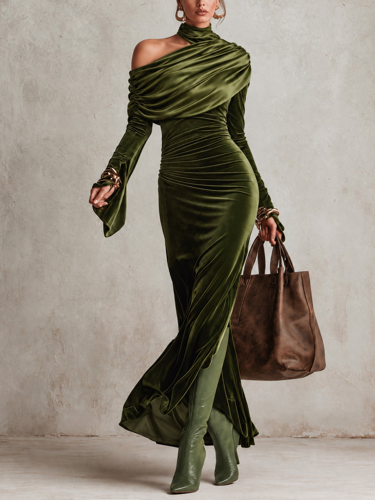 Abito Alessia – Velluto Verde Oliva Asimmetrico