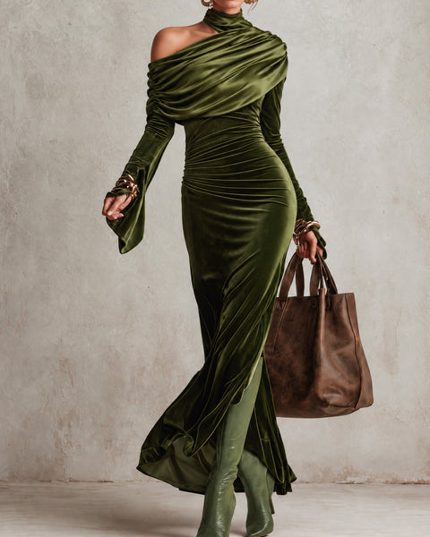 Abito Alessia – Velluto Verde Oliva Asimmetrico