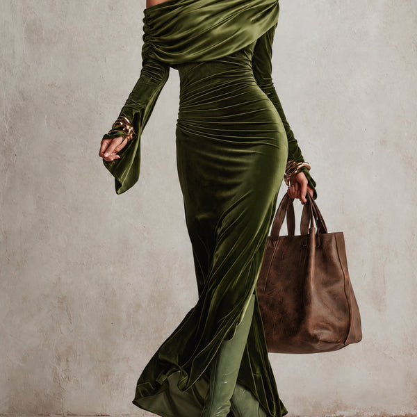 Abito Alessia – Velluto Verde Oliva Asimmetrico