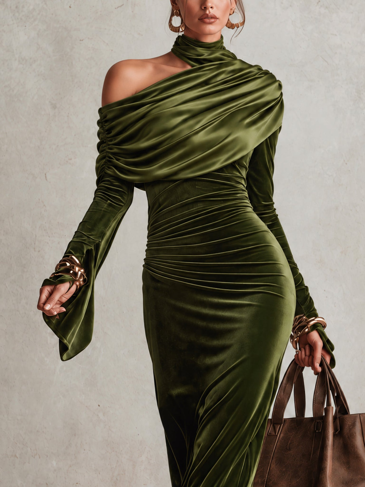 Abito Alessia – Velluto Verde Oliva Asimmetrico