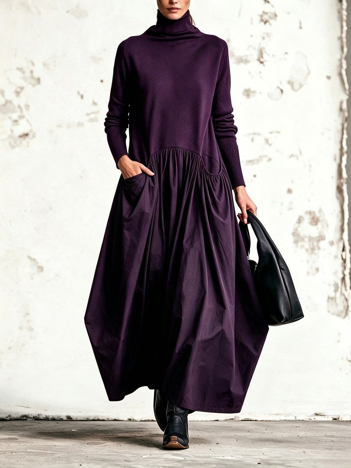 Abito Lungo Oversize con Collo Alto